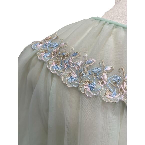 Vintage 50s Green Nylon Sheer Chiffon Embroidered Peignoir Dressing Robe Size L - Picture 5 of 8